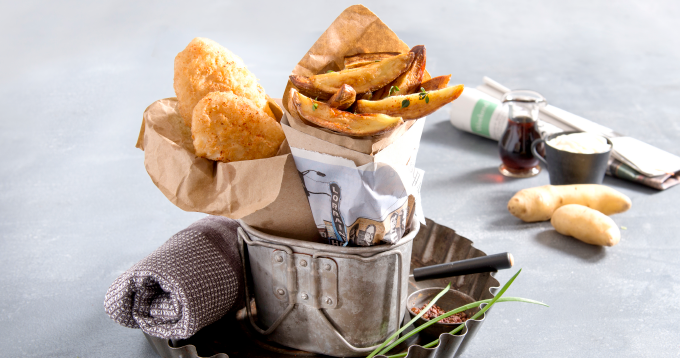 La traditionnelle recette de fish and chips mais avec des frites de Ratte du Touquet