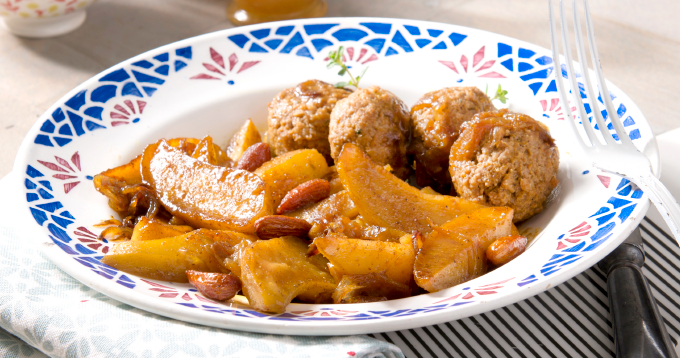 Pommes de terre safranées au miel & boulettes d'agneau